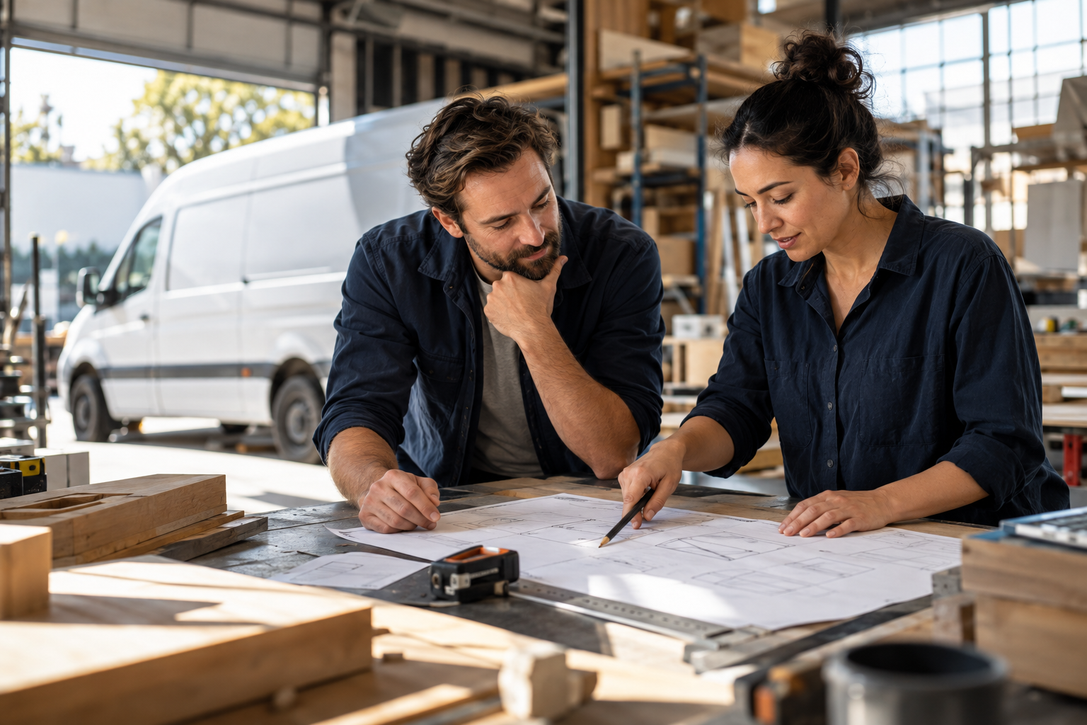 Two people reviewing a work plan in a workshop beside a commercial van